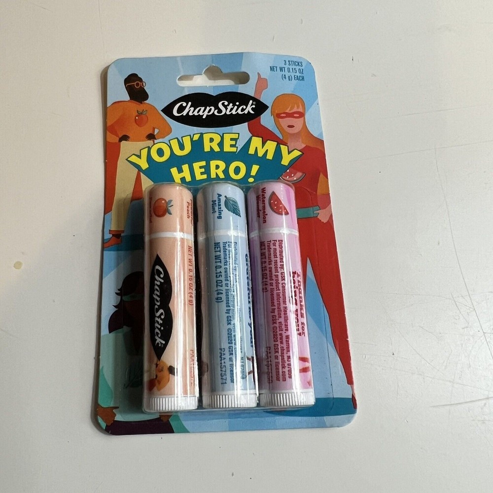 CHAPSTICK YOU'RE MY HERO Lip Balm Gift Pack of 3 Peach, Mint, Watermelon ~